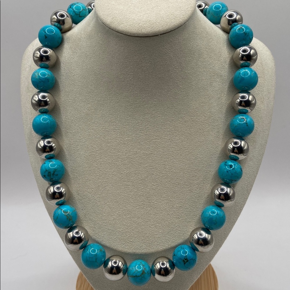 Milor Italy Stainless Steel Faux Turquoise Bead Necklace 19.5”L